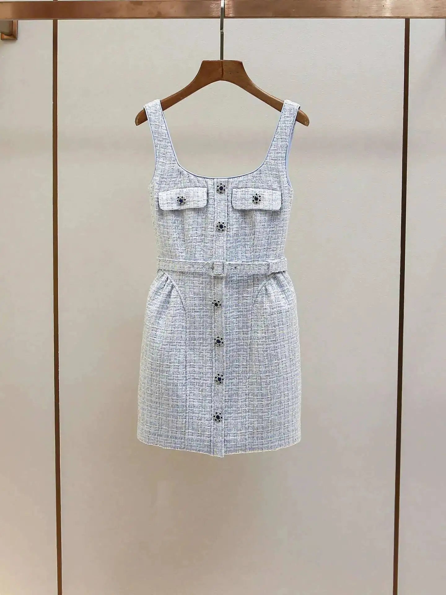 Summer Autumn Crystal Tweed Short Dress Shirt Women Sleeveless Beaded Diamonds Single Breasted Evening Party Dresses Lady