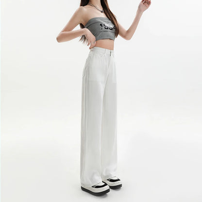 Summer Soft Lyocell Fabric Woman Jeans Loose Wide Leg Straight High Waisted Thin Pant Fashion Comfort White Casual Trousers