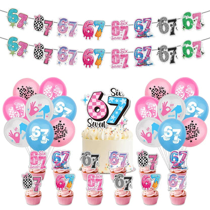 Funny 67 Six Seven Party Decorations, 67 MemeThemed Party  Decorations Set Includes Banner, Cake Topper, Cupcake Toppers, Ballon