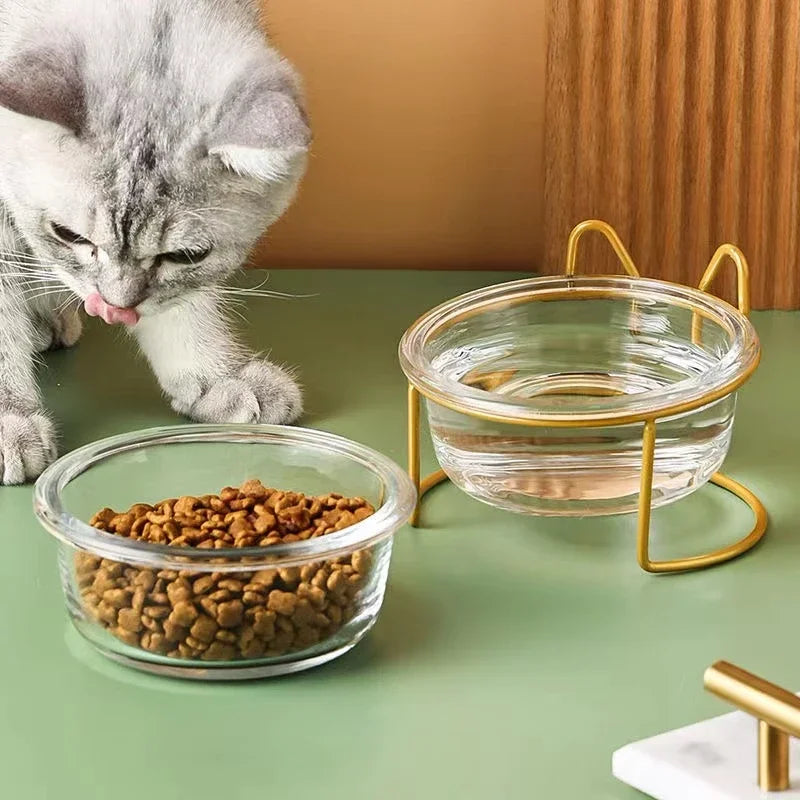 2x300ml Double Glass Cat Dog Bowl Puppy Food Bowl with Iron Frame Gold Stand Raised Water Feeder Bowl Pet Supplies Accessories