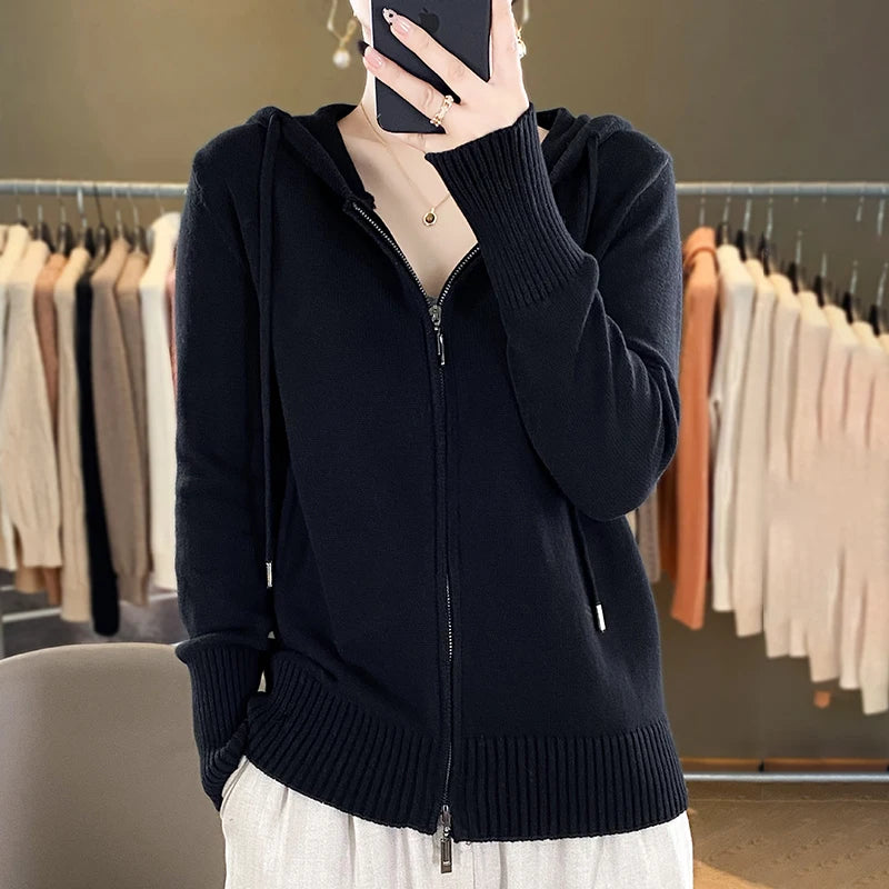 Classic hoodie Women Knitwear 100% All cotton Cardigan Fashion Sweater Long sleeves Double Zipper Style Thick Warm Basics Tops