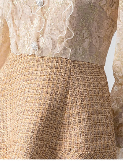 SMTHMA High-End Boutique Lace Splicing Fake Two Small Fragrant Tweed Dress Women's Luxury Beaded Winter Woolen Dresses