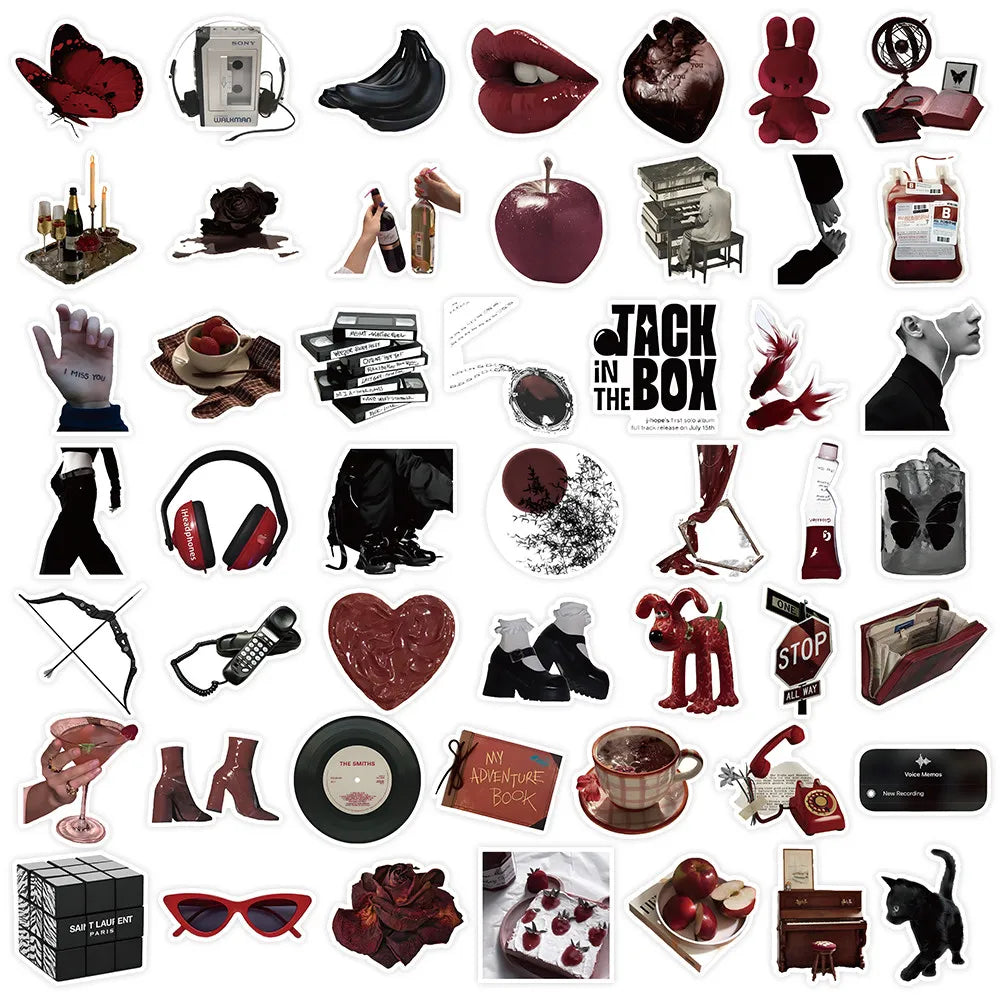 50 Pieces Red & Black Themed Stickers - Decorative Decals for Journals, Phone Cases & Laptops BulingBulingStickers Store