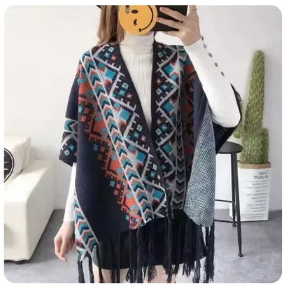 2025new Poncho Cloak Tourism Shawl Autumn and Winter Ethnic Style Knitted Capes High-end New Style Outer Scarf Split Women Shawl