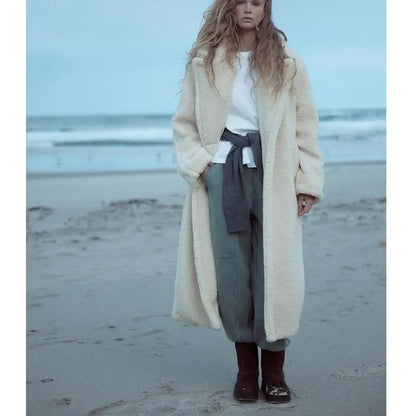 Autumn Winter New Arrival Women's Lazy Sle Warm Lapel Long Sve Fce Long Coat Jaet Straight Cut Commute Polyester