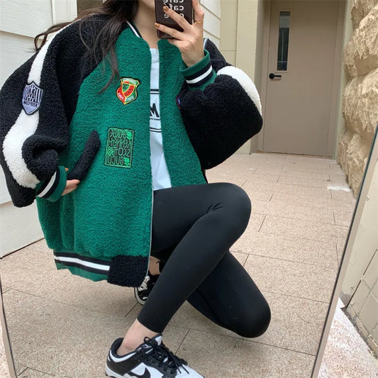 Women Baseball Jackets Oversized Streetwear Vintage Korean Style Y2k Autumn Female Zip Up Bomber Jacket Kpop Green Top 2025