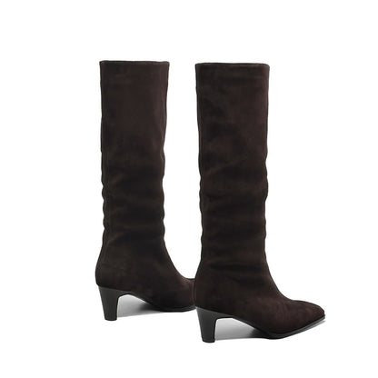 2025 New Trend Cow Suede Women Autumn Winter Slip-On Boots Chocolate Burgundy High Chunky Heels Square Toe Lady Knee High Boots