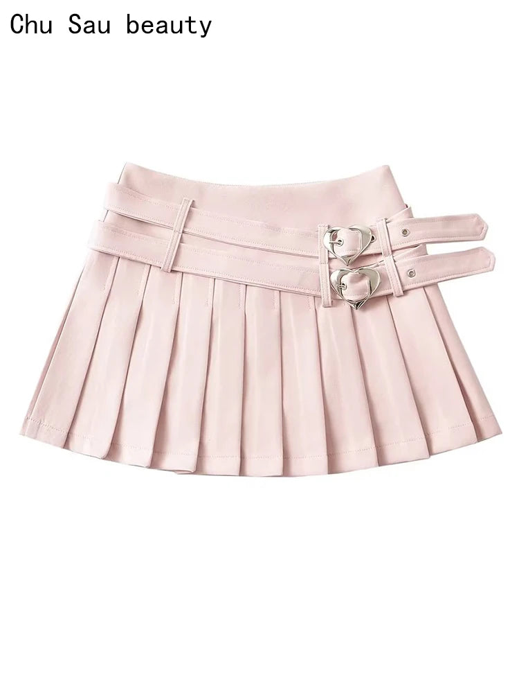 Women Summer New Fashion Hot Sweet Slim Pleated Super Short Skirt Cute Chic Heart Belt Mini Skort Streetwear Shorts Skirts
