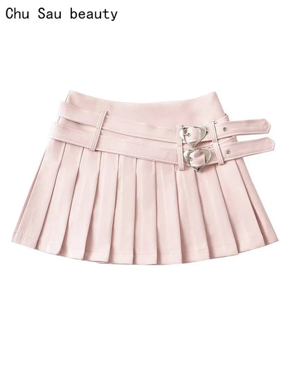 Women Summer New Fashion Hot Sweet Slim Pleated Super Short Skirt Cute Chic Heart Belt Mini Skort Streetwear Shorts Skirts