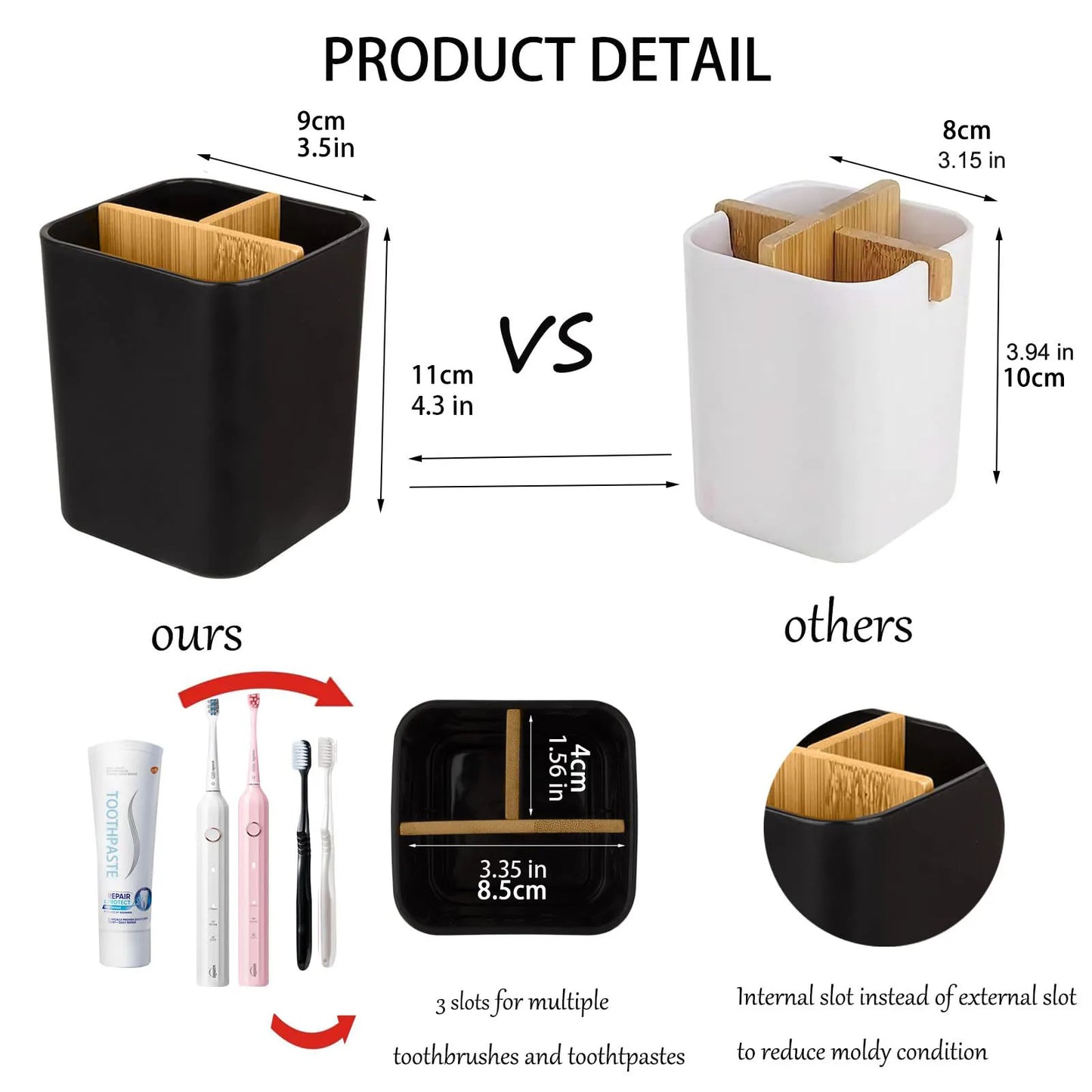 Bamboo Toothbrush Holder for Bathrooms, 3 Slots Toothbrush and Toothpaste Holder for Electric Toothbrushes, Floss, Razors