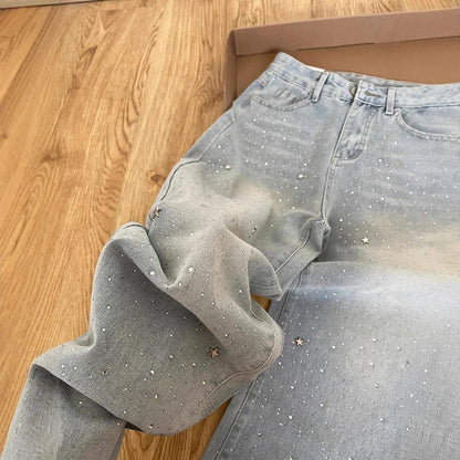 Elegant Light Blue Beaded Straight Denim Pants for Women High Waist Slim Fit Wide Leg Long Trousers