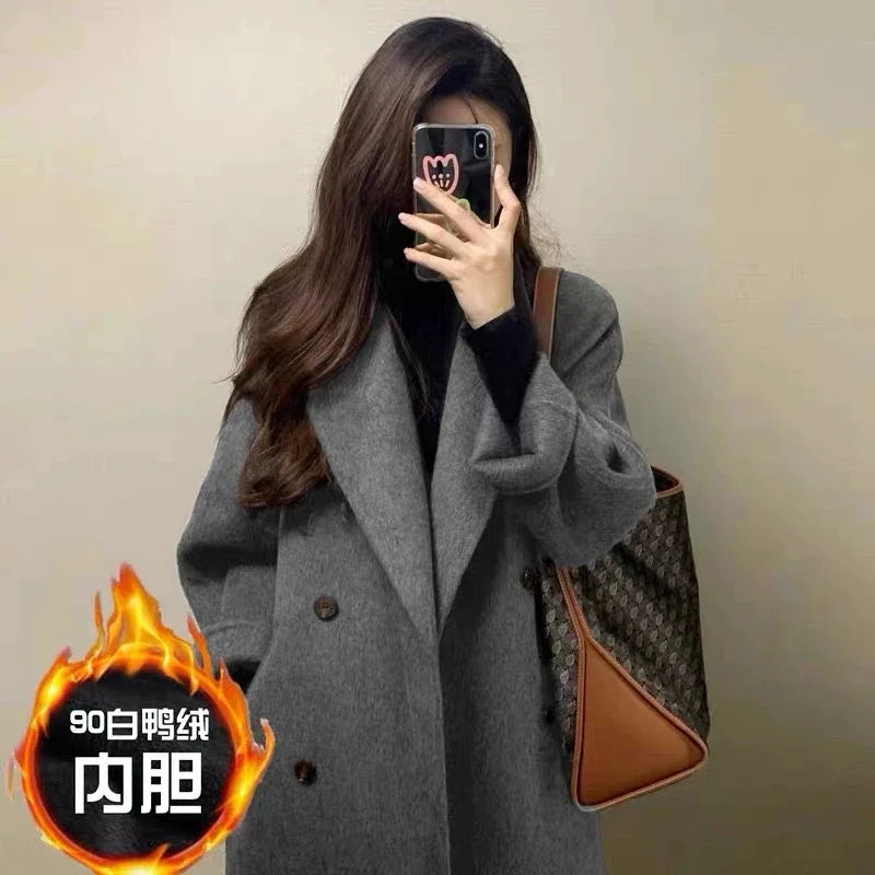 Grey Double-sided Cashmere Coat Women's 2025 Winter New Korean version Loose Thick Down Woolen Coats Solid Casual Long Overcoat