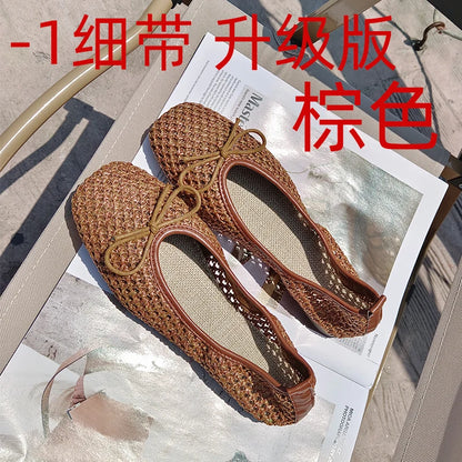 Flat Shoes for Women Spring and Autumn 2025 Breathable Hollow Flat Square Toe for Women Shallow Mouth Beach Sandals for Summer