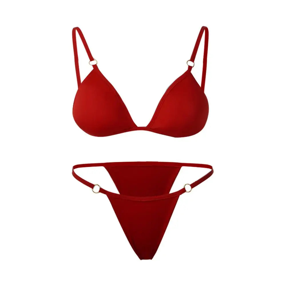 Woman Girl Beach Swimsuit Sexy Low Waist Split Swimwear Solid Color Bikini Set Two Piece Sling Backless Metal Buckle