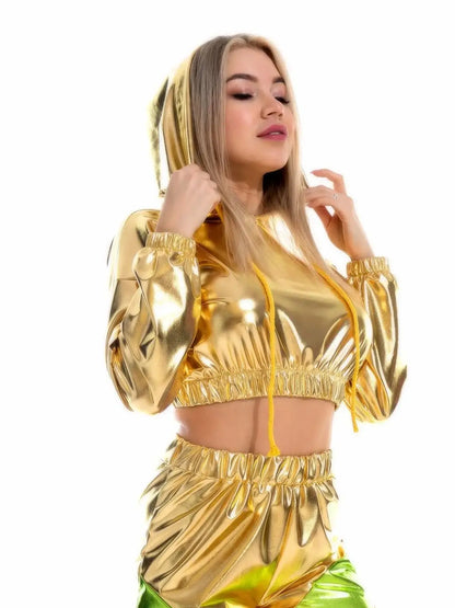 Sexy Cropped Holographic Hoodies Women Shiny PU Metallic Hoody Long Sleeve Short Sweatshirt with Drawstring Pullovers Streetwear