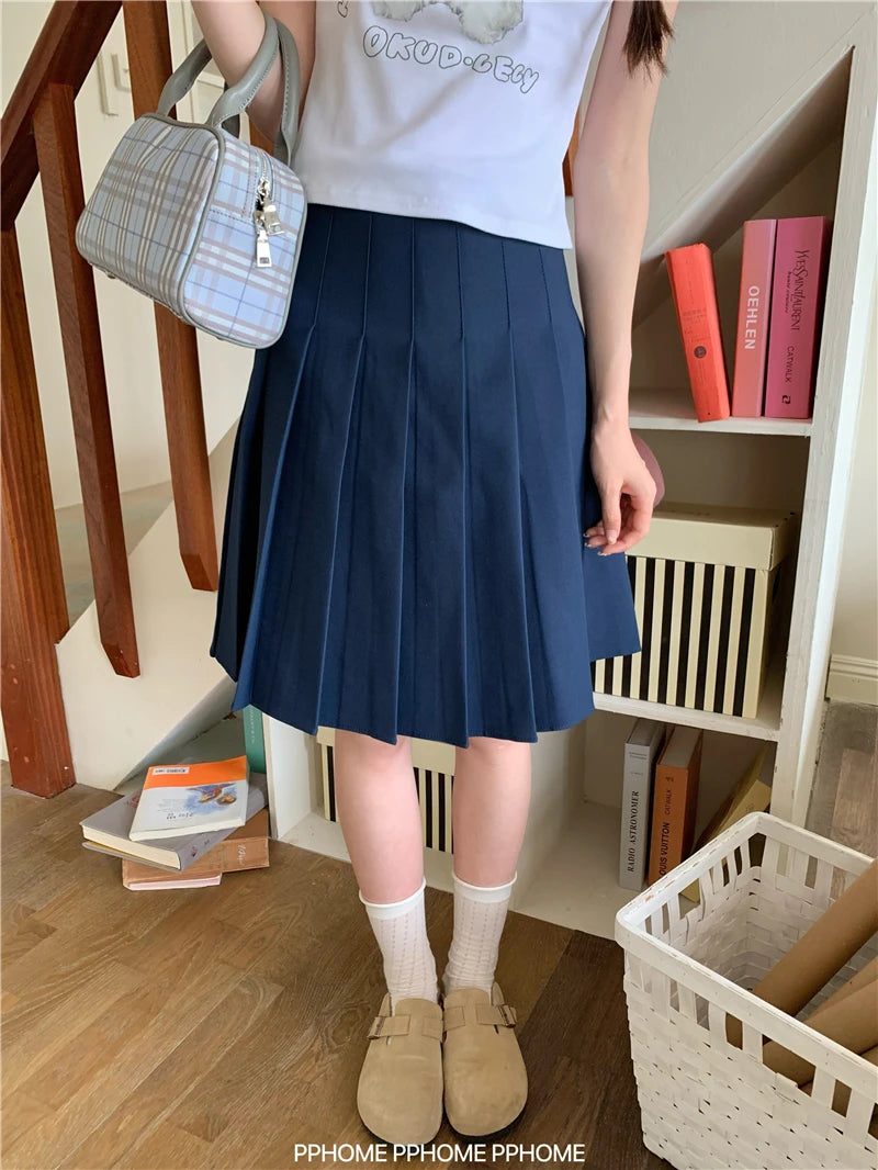 Women's Summer Streetwear Knee Length Pleated Skirt Lady School Style High Waist A Line Mid Length Skirt