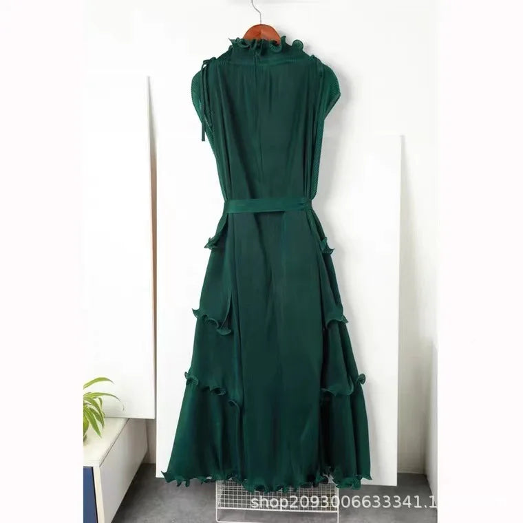 Miyake Pleated Plus Size Dress 2023 Summer New Solid Color Wind Close Edge Lace-up Pleated All-matching Sleeveless Dress