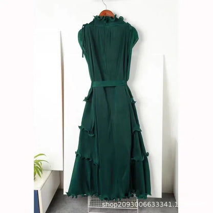 Miyake Pleated Plus Size Dress 2023 Summer New Solid Color Wind Close Edge Lace-up Pleated All-matching Sleeveless Dress