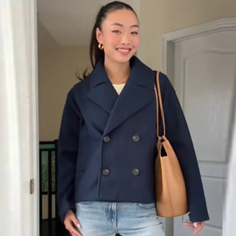 Casual Short Woolen Blends Coats Women Loose Lapel Bouble Breasted Pocket Full Sleeve Jacket 2025 Autumn Winter Lady Solid Coat