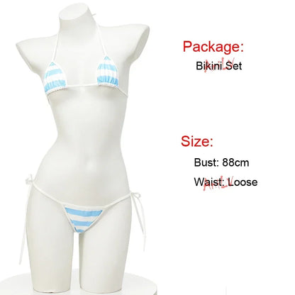 Summer PU Leather Micro Bikini Set Women Swimsuit Stripes Bright Anime Swimwear Erotic Underwear Sexy Lingerie Costume