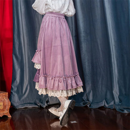 Vintage Japanese Style Girl Lace Spliced Purple Ruffled Women Skirts High Waist A-line Irregular Loose Thicken Sweet Long Skirts