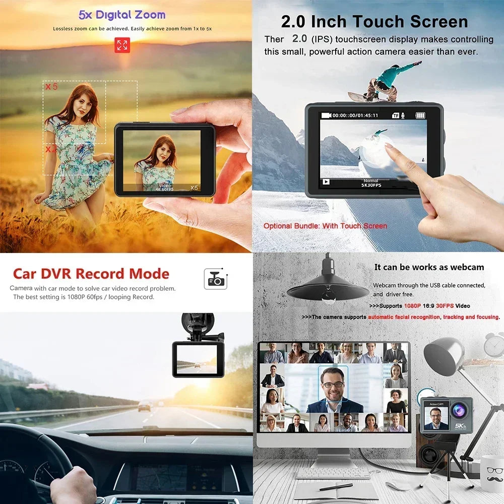 Action Camera 5K 4K60FPS Dual IPS Touch LCD EIS 170° 30M Waterproof 5X Zoom Sport Camera Optional Wireless Mic & Remote Control
