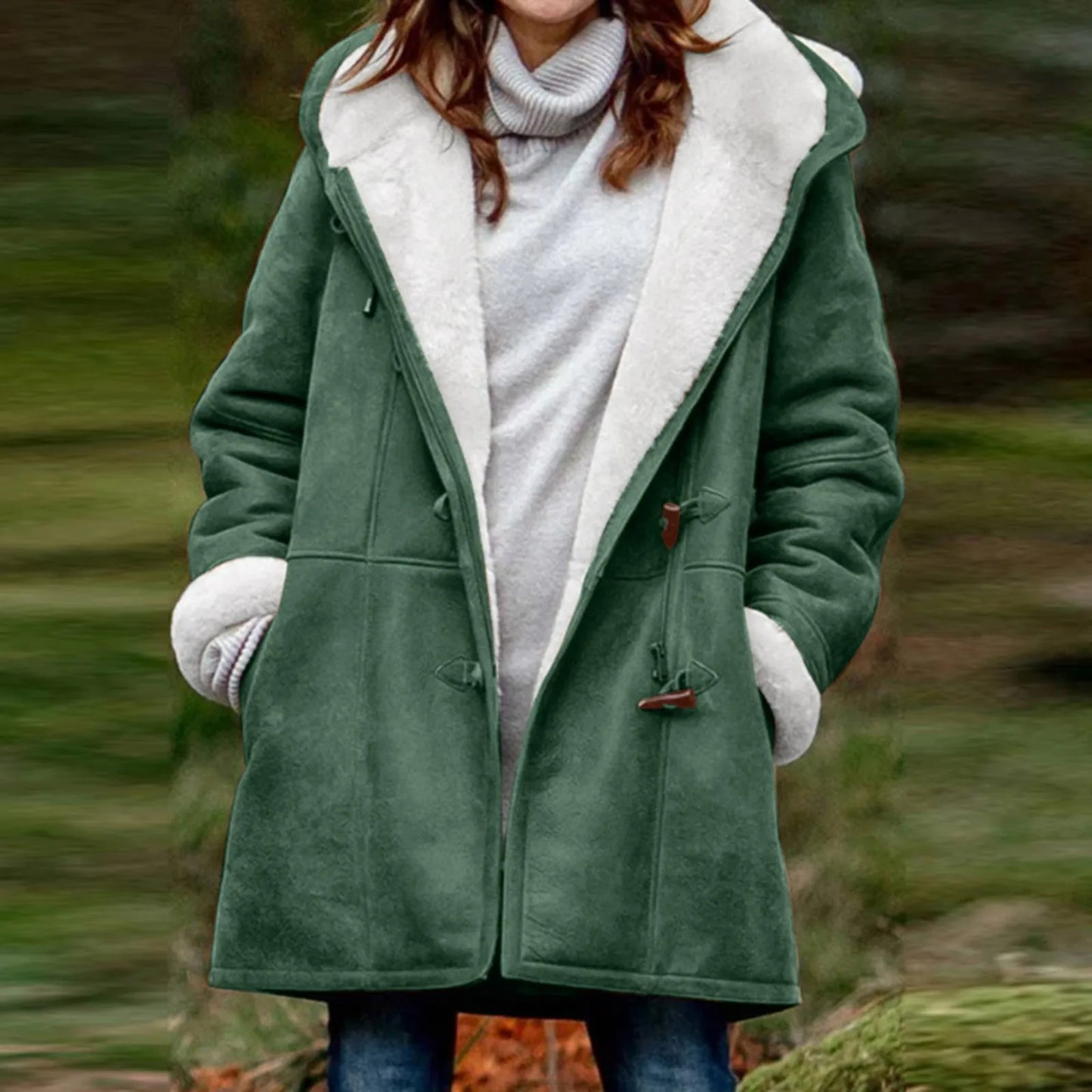 Coat Women's Jacket Cow Horn Buckle Pockets Solid Color Fleece Lined Hooded Overcoat Female Outerwear Winter Clothes Women