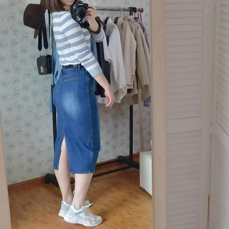 Denim Skirt Women 2025 Long Jean Skirt High Waist Pencil Skirt Ladies Stretch Clothes Black Blue Faldas Largas Jupe Longue Femme