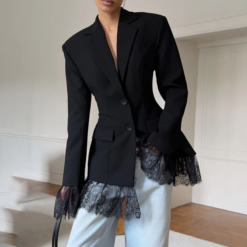 Linad Vintage Black Slim Lace Coats For Women Elegant Notched Collar Jackets Street Chic Long Sleeve Outerwear Lady 2025 Autumn