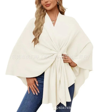 Women's Trendy Autumn And Winter Loose V-Neck Shawl Cape Elegant Shawl Wraps Casual Solid Color Soft Open Front Poncho bat shirt
