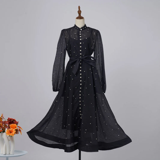 Ele Long T Dr with Lace-Up Ne Design Large Lantern Sve And Pure Color Briti Sle Women's Faion Dr