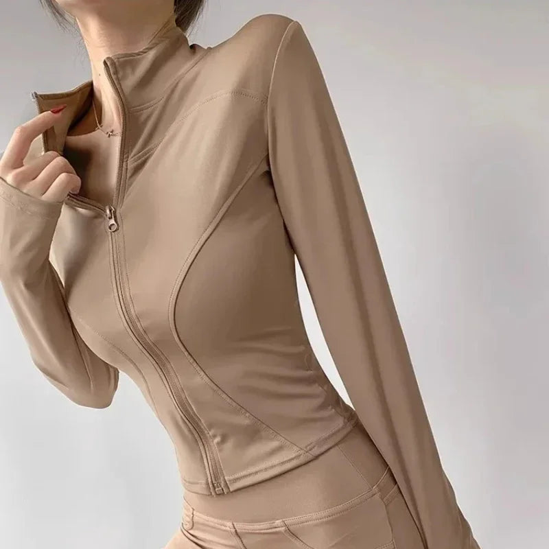 S-3XL Women's Fitness Jackets Yoga Coat with Zipper Slim Running Wear Stretch Gym Crop Top Lightweight Sports Outerwear Hoodless