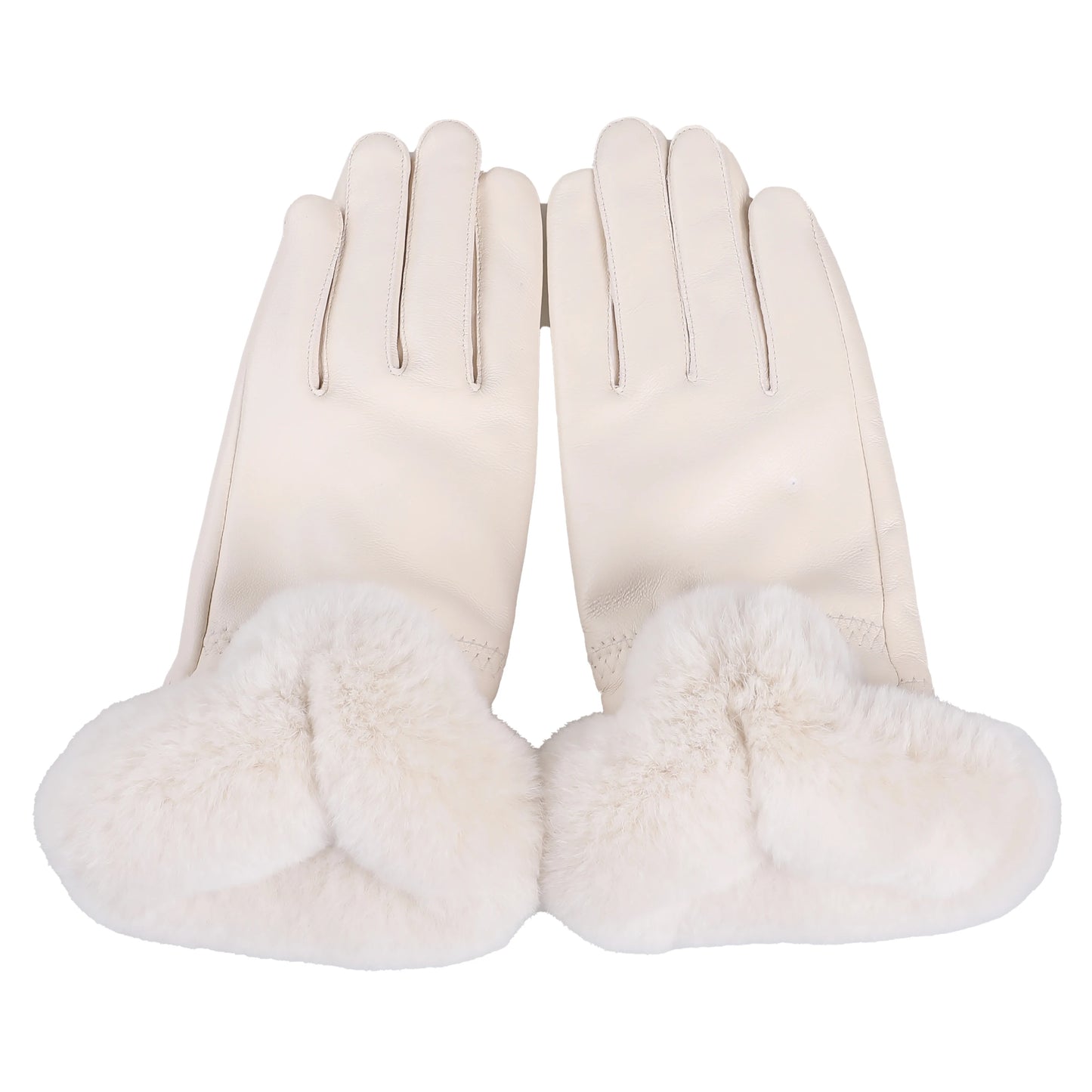 BOONJOVIA Elegant Women's Winter Warm Genuine Leather Gloves With Rex Rabbit Fur Trim Cuffs Velvet Lined