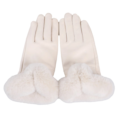 BOONJOVIA Elegant Women's Winter Warm Genuine Leather Gloves With Rex Rabbit Fur Trim Cuffs Velvet Lined