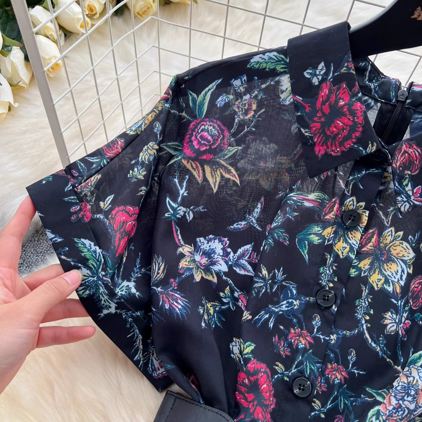 French Vintage Print Lapel Dress Women's Short Sleeve Floral Print High Waist Belt Office Lady Maxi Clothing Female Vestidos