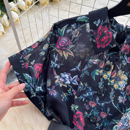 French Vintage Print Lapel Dress Women's Short Sleeve Floral Print High Waist Belt Office Lady Maxi Clothing Female Vestidos