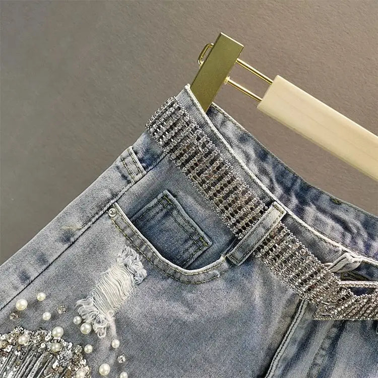 Denim Shorts Women's 2025 Summer Clothes New European High Waist Thin Heavy Industry Beaded Sequined Fringed Broken Copper Jeans