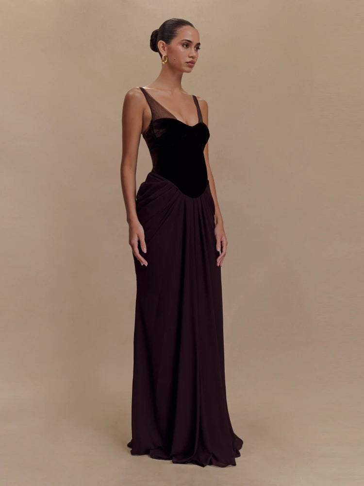 New Sexy Mesh Straps Velvet Corset Patchwork Long Dress Women Sleeveless Backless Folds Slim Dresses Elegant Evening Party Gowns