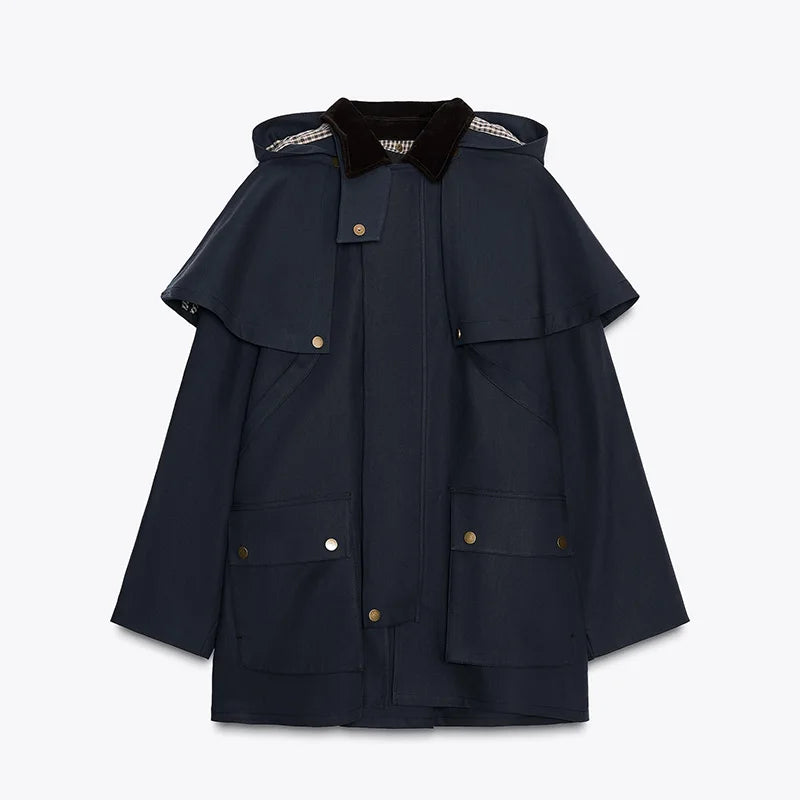 Fashion Casual Cloak Short jacket For Women Navy blue Design Sense Style Detachable Hat Coat 2025 New Lady Autumn Streetwear