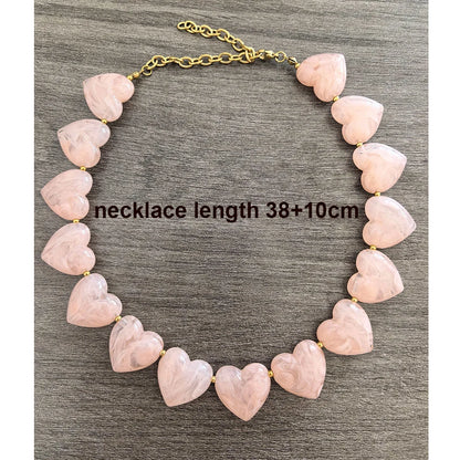 Big Love Heart Necklace Women Choker Statement Bracelet Gold Color Acrylic Beads Stainless Steel PVD Waterproof White Beige Red