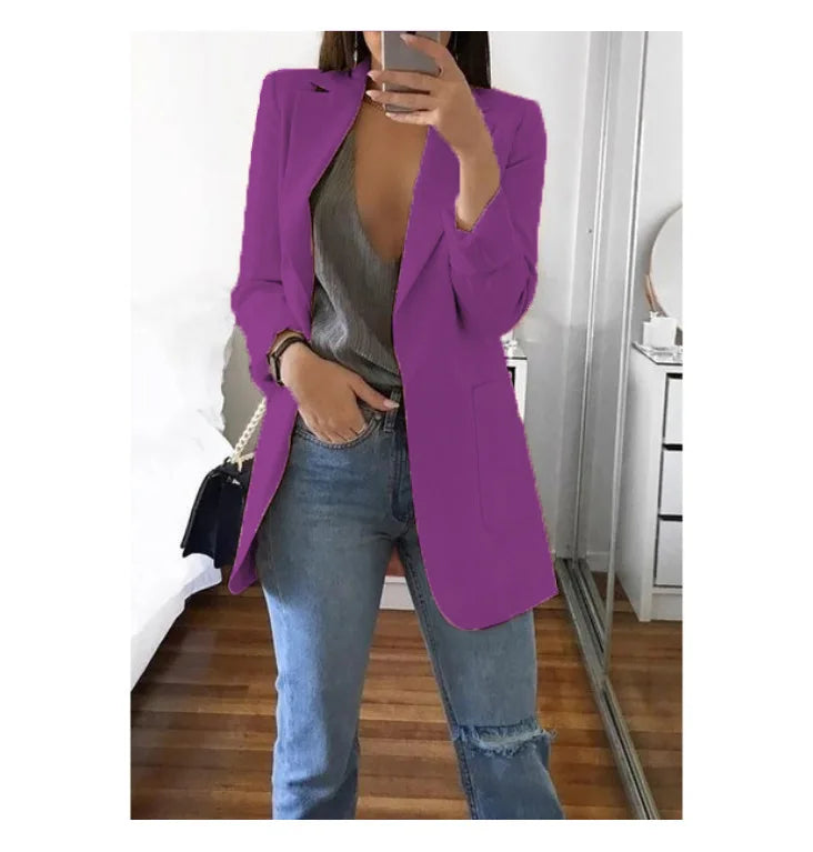 Autumn And Winter Women's Fashion Solid Color Polo Neck Slim Fit Coat Elegant Women's Long Sleeve Pocket Casual Suit Coat S-3XL