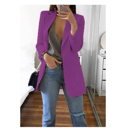 Autumn And Winter Women's Fashion Solid Color Polo Neck Slim Fit Coat Elegant Women's Long Sleeve Pocket Casual Suit Coat S-3XL
