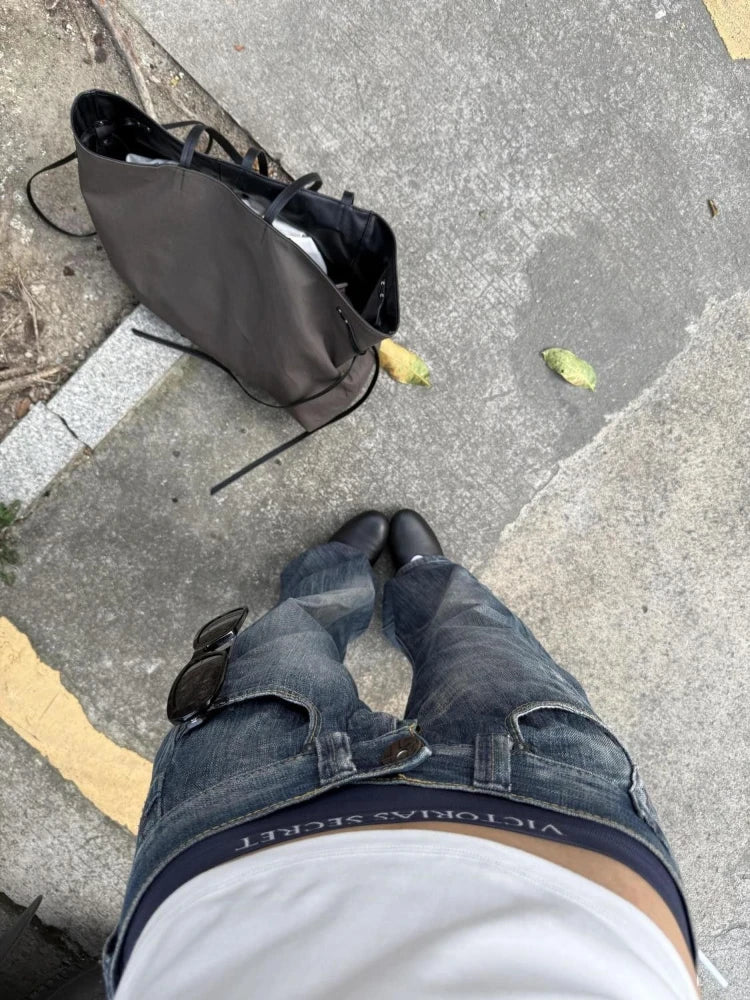 Deeptown Blue Vintage Y2k Women Jeans Wash Harajuku Low Waist Japanese 2000s Style Denim Pants Baggy American Streetwear Autumn