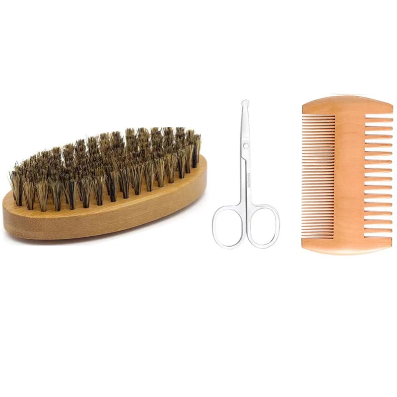 Men's Shaving Brush Set Boar Bristle Portable Barber Natural Beard Brush Comb Scissors for Facial Cleaning Styling Tool