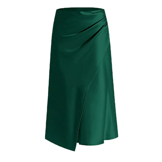 New In 2025 Women's Summer High Waist Satin Pleated Split Green Long Skirt Solid Color Zipper Office Lady Party Elegant Skirts