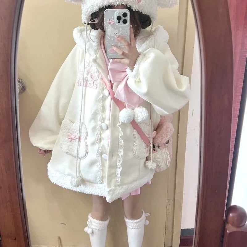 Harajuku Kawaii Sweet Lolita Coat Women 2026 Autumn Winter Pink Jackets Casual All-match Thicked Warm Tops Mujer