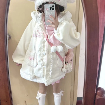 Harajuku Kawaii Sweet Lolita Coat Women 2026 Autumn Winter Pink Jackets Casual All-match Thicked Warm Tops Mujer