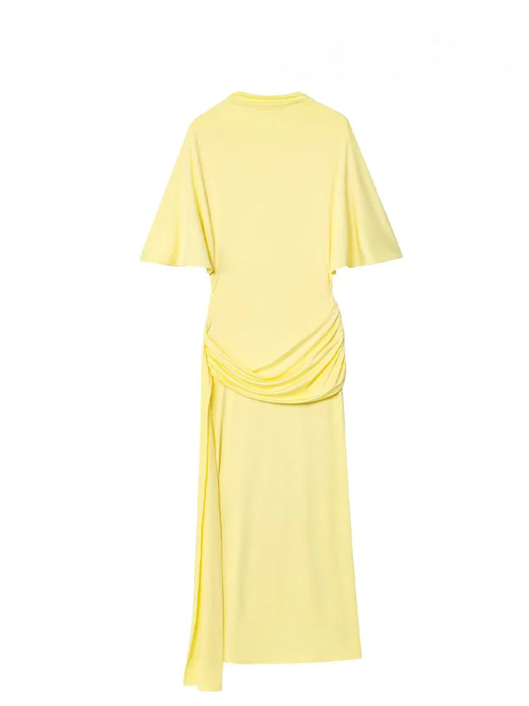 HH Women New Fashion Short Sleeve Sexy Backless Layered Decoration Yellow Slim Long Dress Woman Summer Beach Party Dress