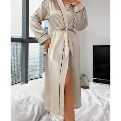 Solid Color Long Ice Silk Pajama Summer Thin Home Clothing Cardigan Bathrobe
