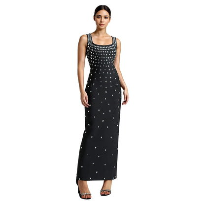 CM.YAYA Diamonds Hot Rhinestones Square Collar Women Sleeveless Bodycon Long Dress Birthday Party Evening Prom Maxi Dresses